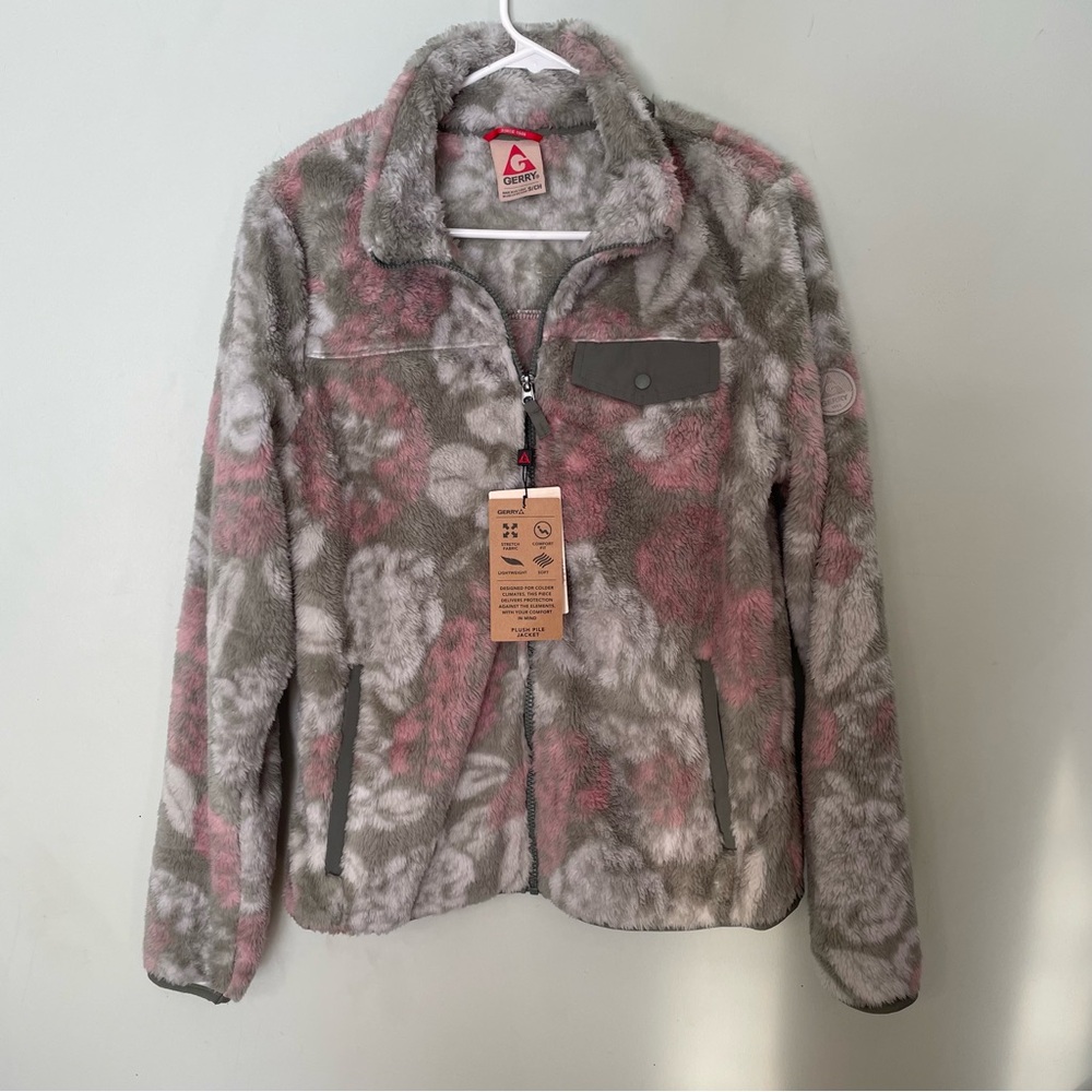 Gerry Floral Sherpa Fleece Jacket Women's Small Pink Green Fuzzy Full Zip Cozy